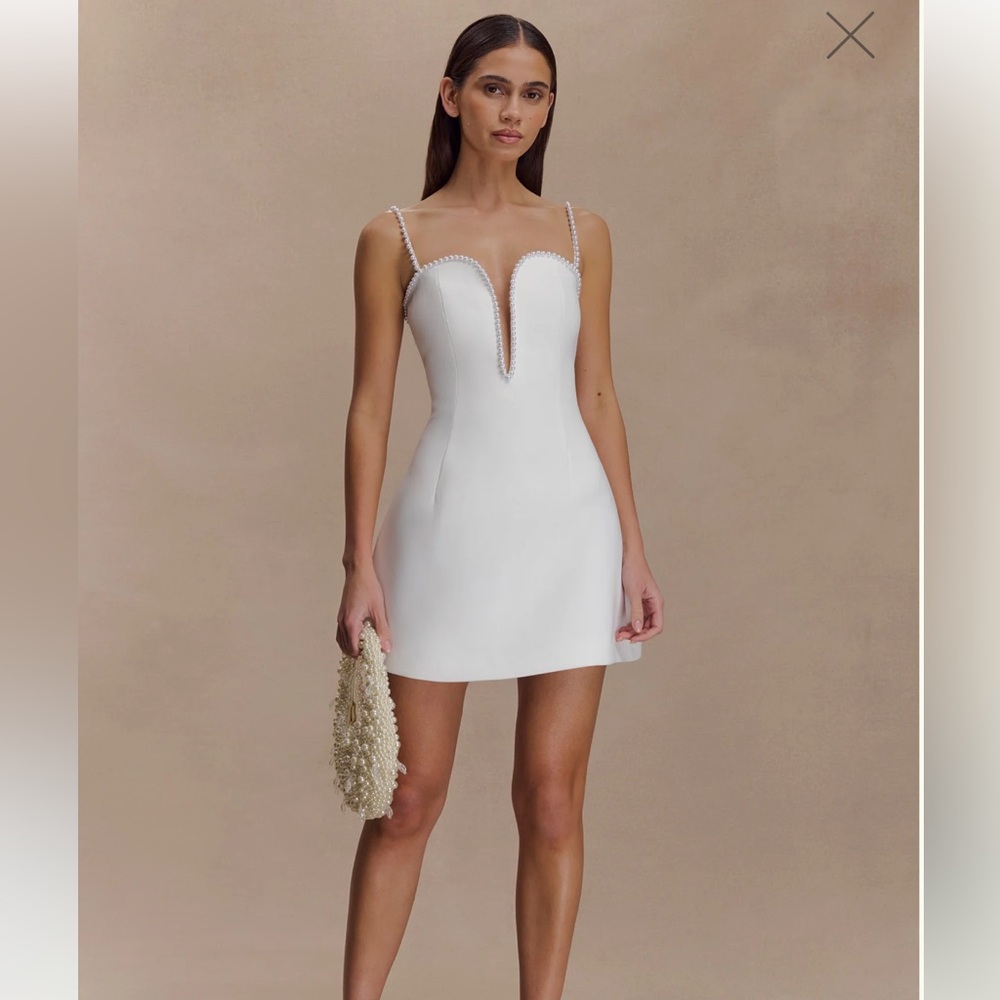MESHKI KINGSLEY Beaded Pearl-Trimmed Ivory Mini Dress with Deep Plunge V